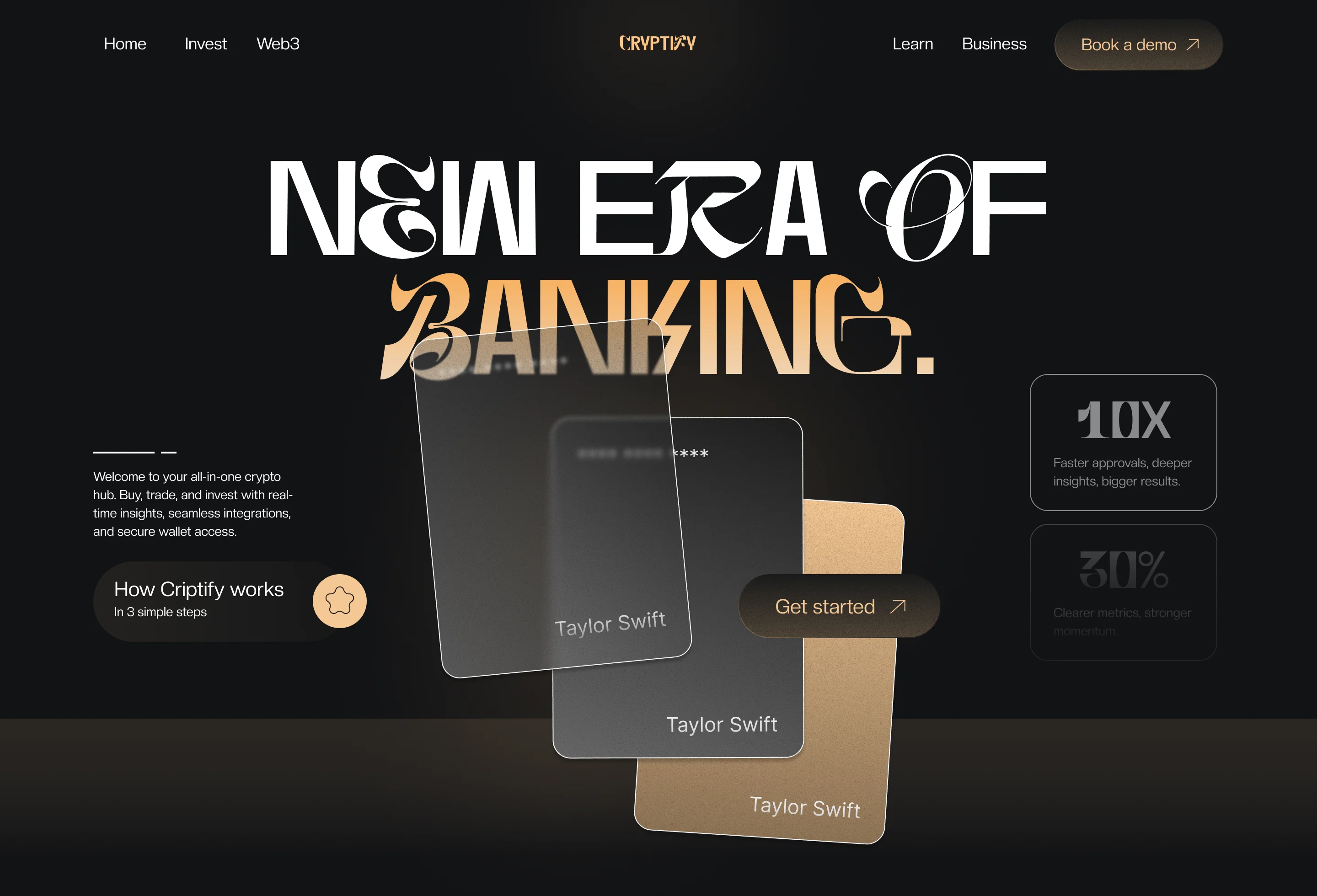 Dark-themed crypto banking website homepage with stylized text 'New Era of Banking', sample cards labeled Taylor Swift, and navigation menu including Home, Invest, Web3, Learn, Business, and Book a demo button.