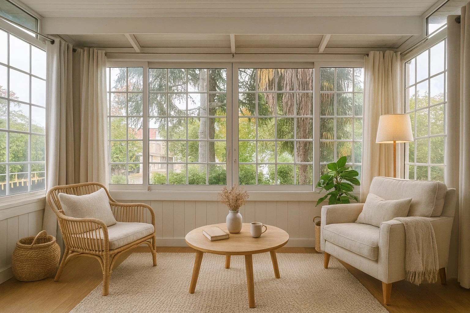 Cozy sitting area with a wicker chair, cushioned armchair, round wooden coffee table, and large windows overlooking green trees.