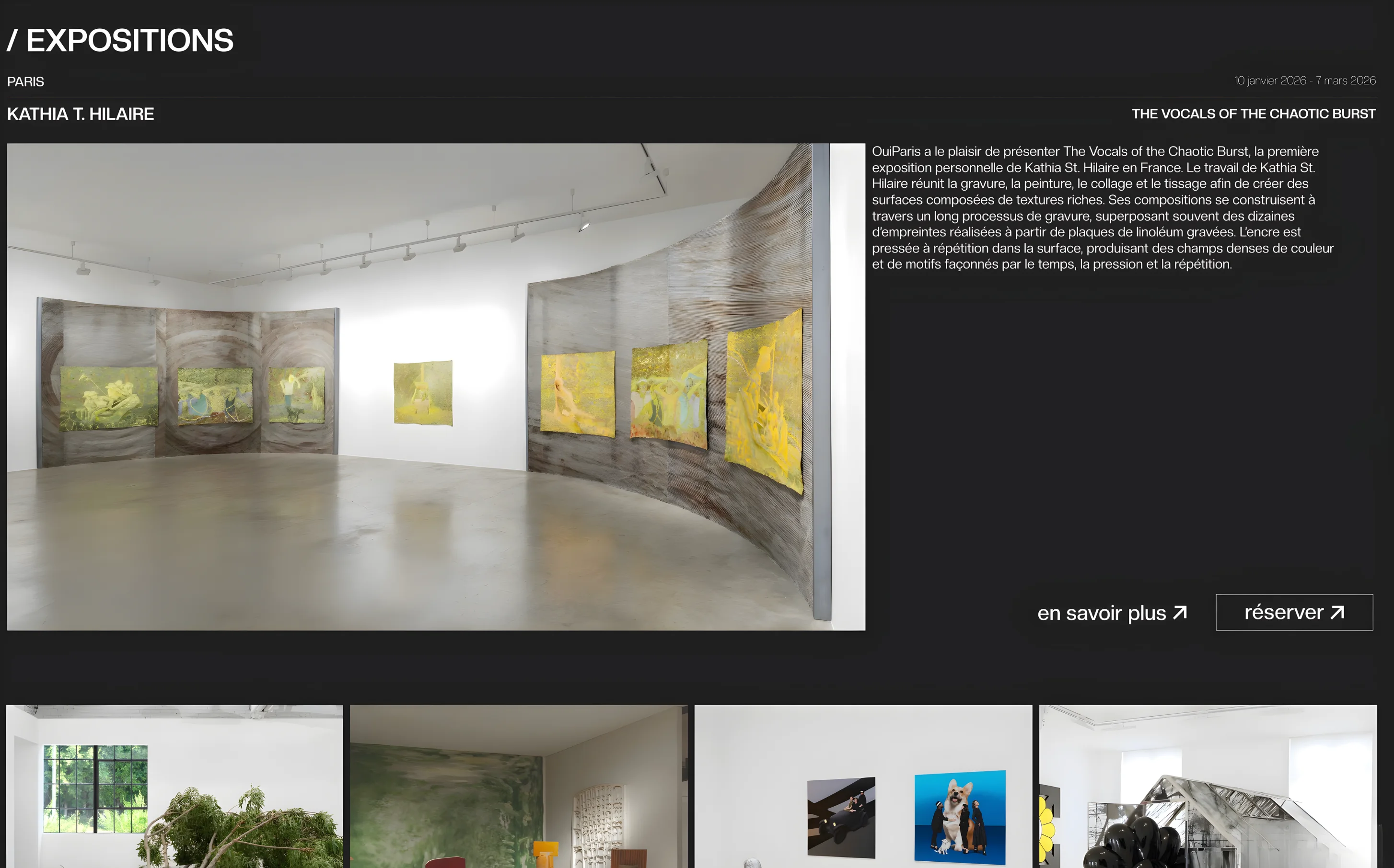 Contemporary gallery space with curved wooden panels displaying yellow-toned textured artworks by Kathia T. Hilaire.