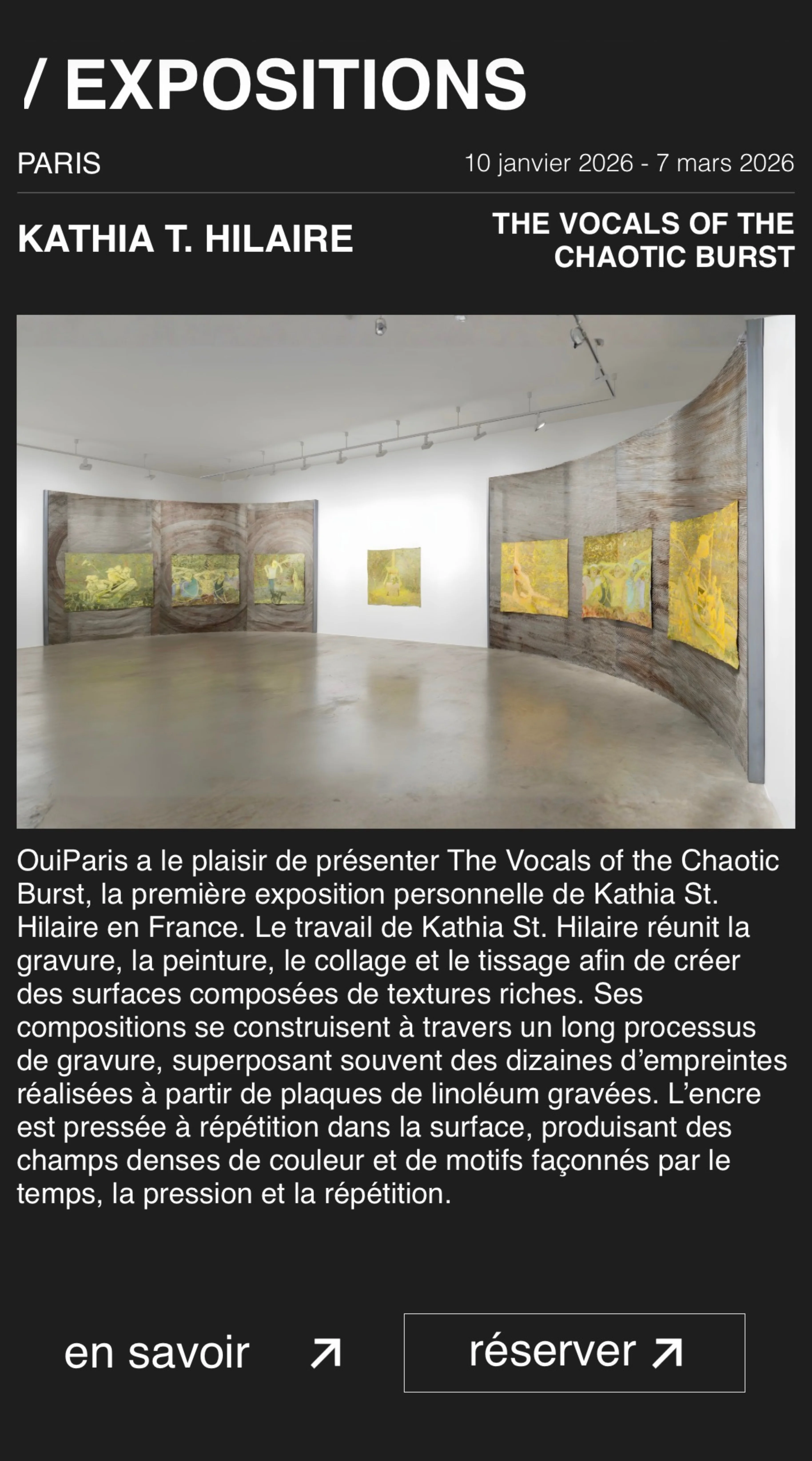 Interior of an art gallery displaying textured, yellow-toned prints by Kathia T. Hilaire on curved walls.