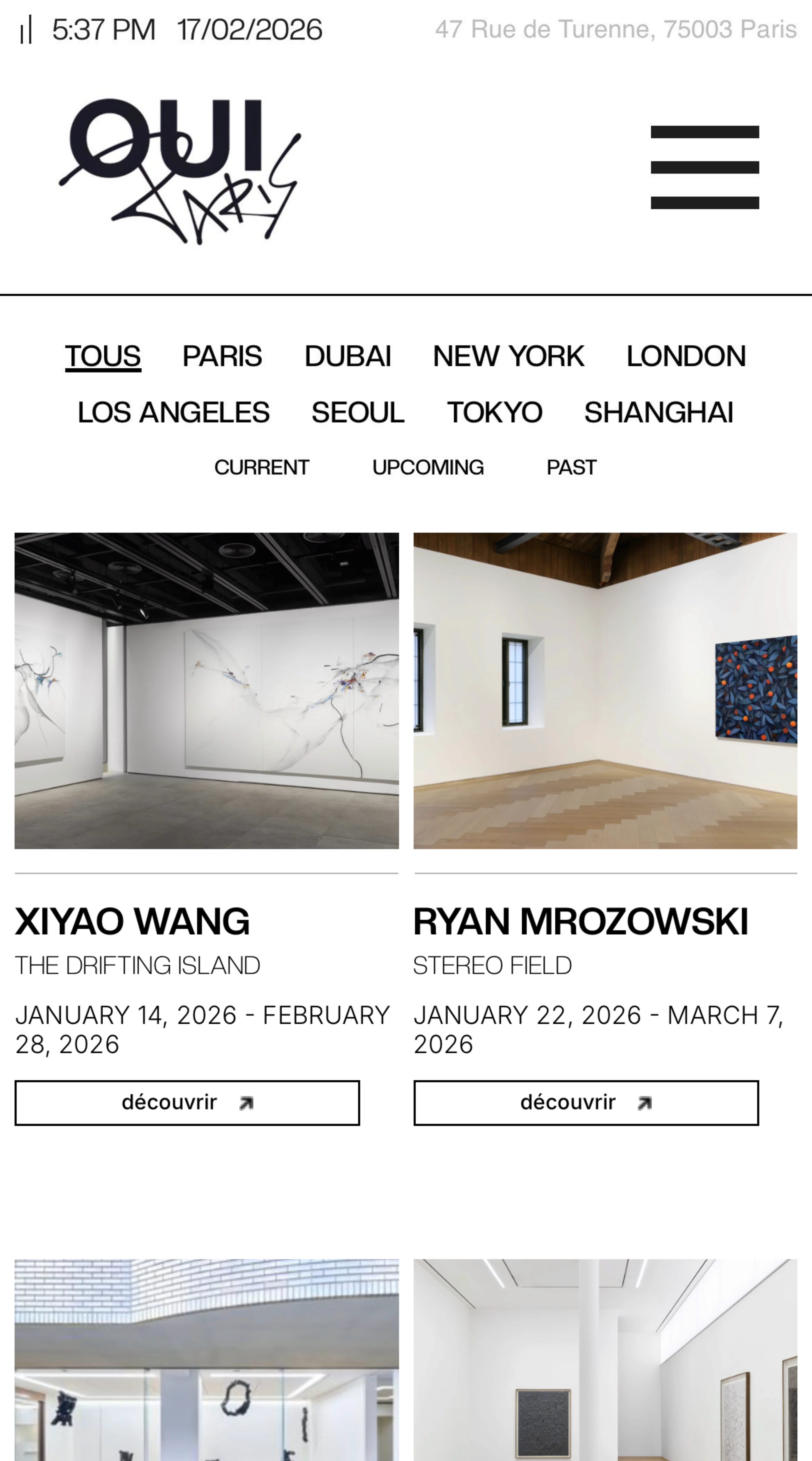 Website page showing art exhibitions with images of gallery spaces and details for Xiyao Wang's 'The Drifting Island' and Ryan Mrozowski's 'Stereo Field' from January to March 2026.