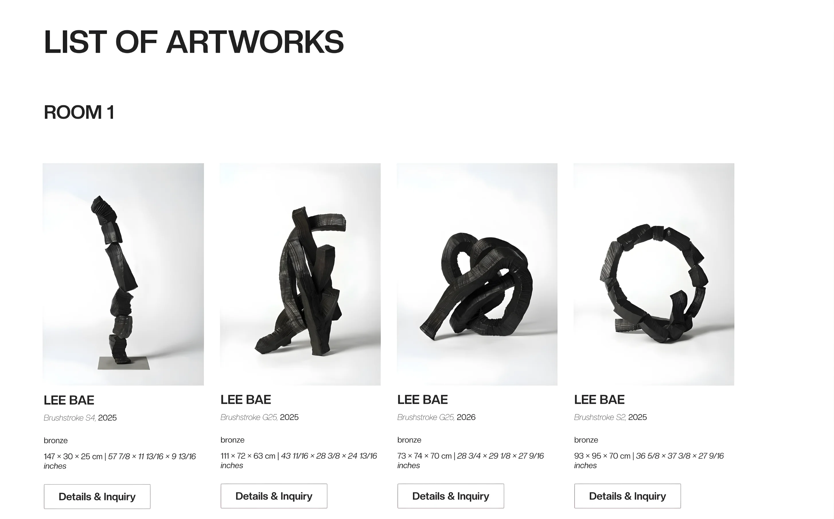 Four abstract black bronze sculptures by Lee Bae from Brushstroke series displayed on white background with details and inquiry buttons below each.