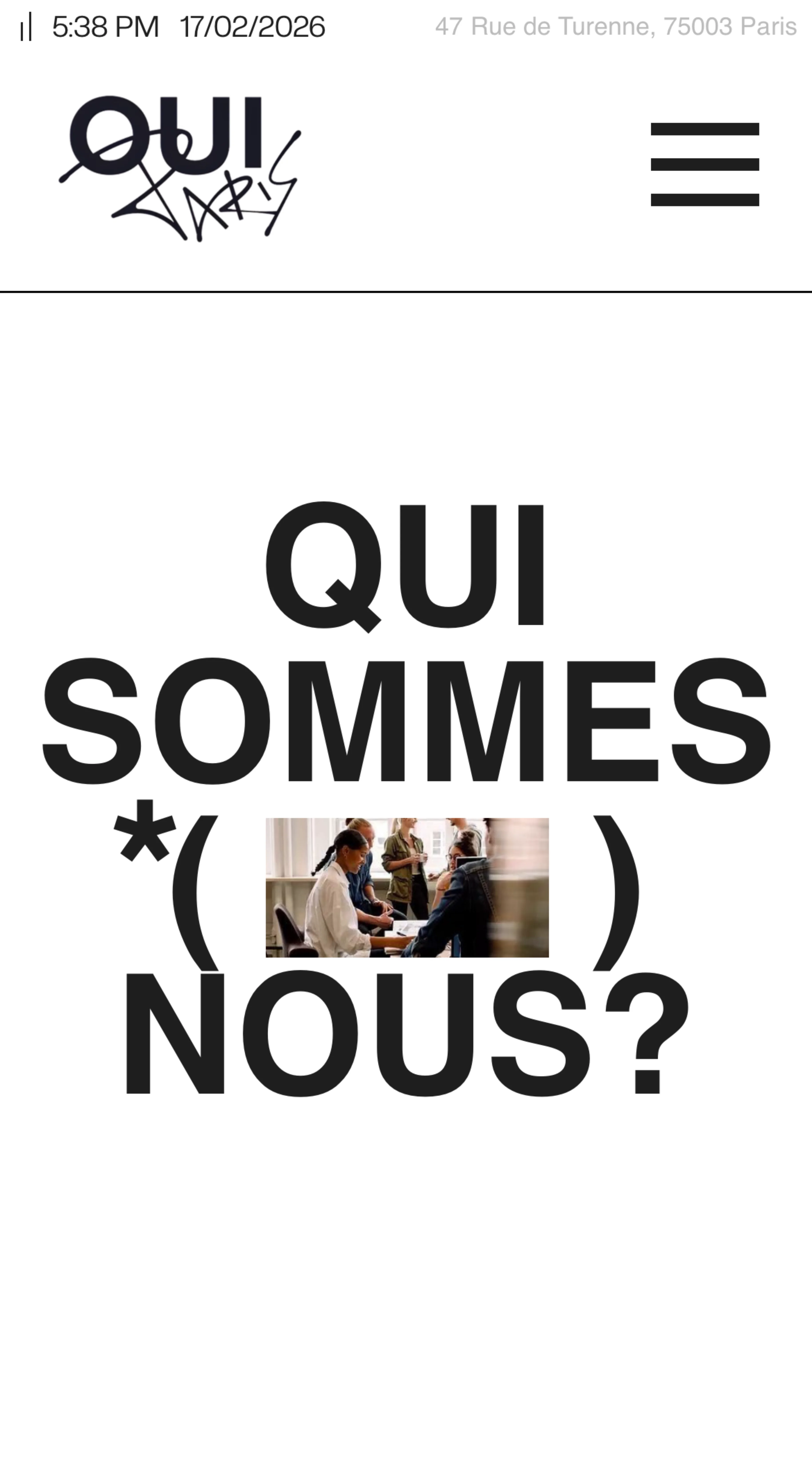 Website header with logo 'OUI Paris' and bold text 'QUI SOMMES NOUS?' surrounding a small photo of people in a meeting.
