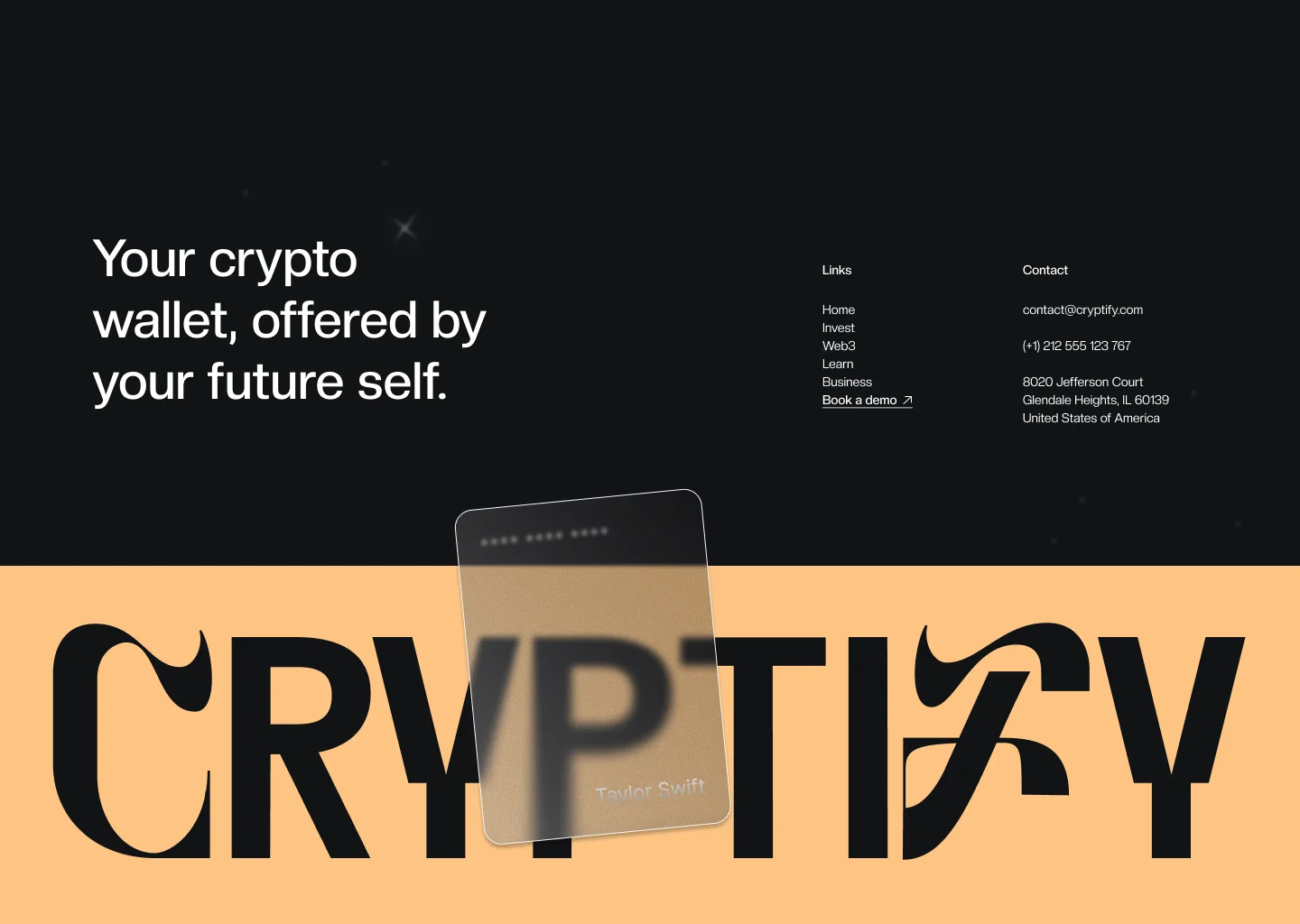 Dark and peach banner with text 'Your crypto wallet, offered by your future self.' and a transparent card displaying 'Taylor Swift' over large text 'CRYPTIFY'.