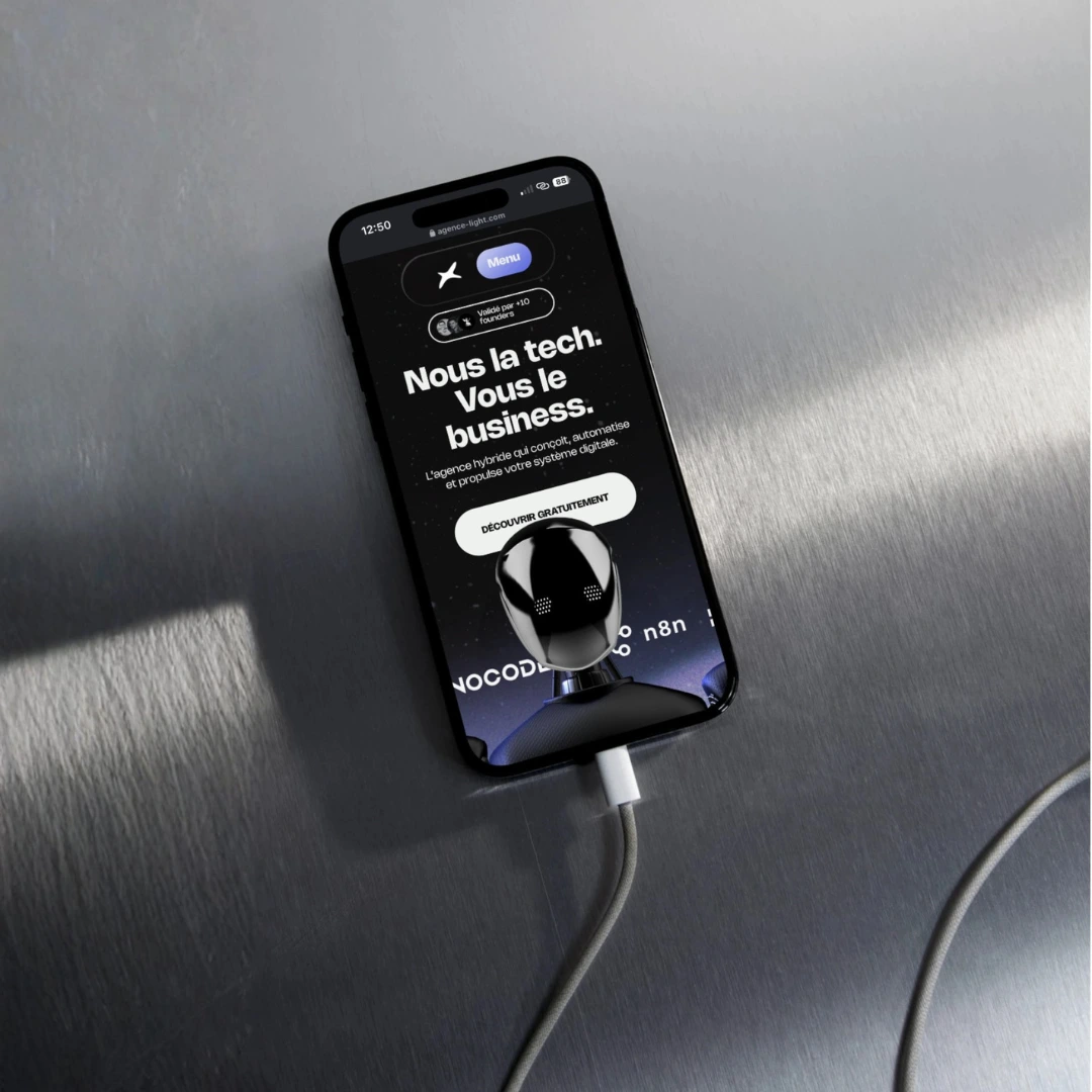 Black smartphone on a gray surface displaying a website in French with a robot image and charging cable plugged in.