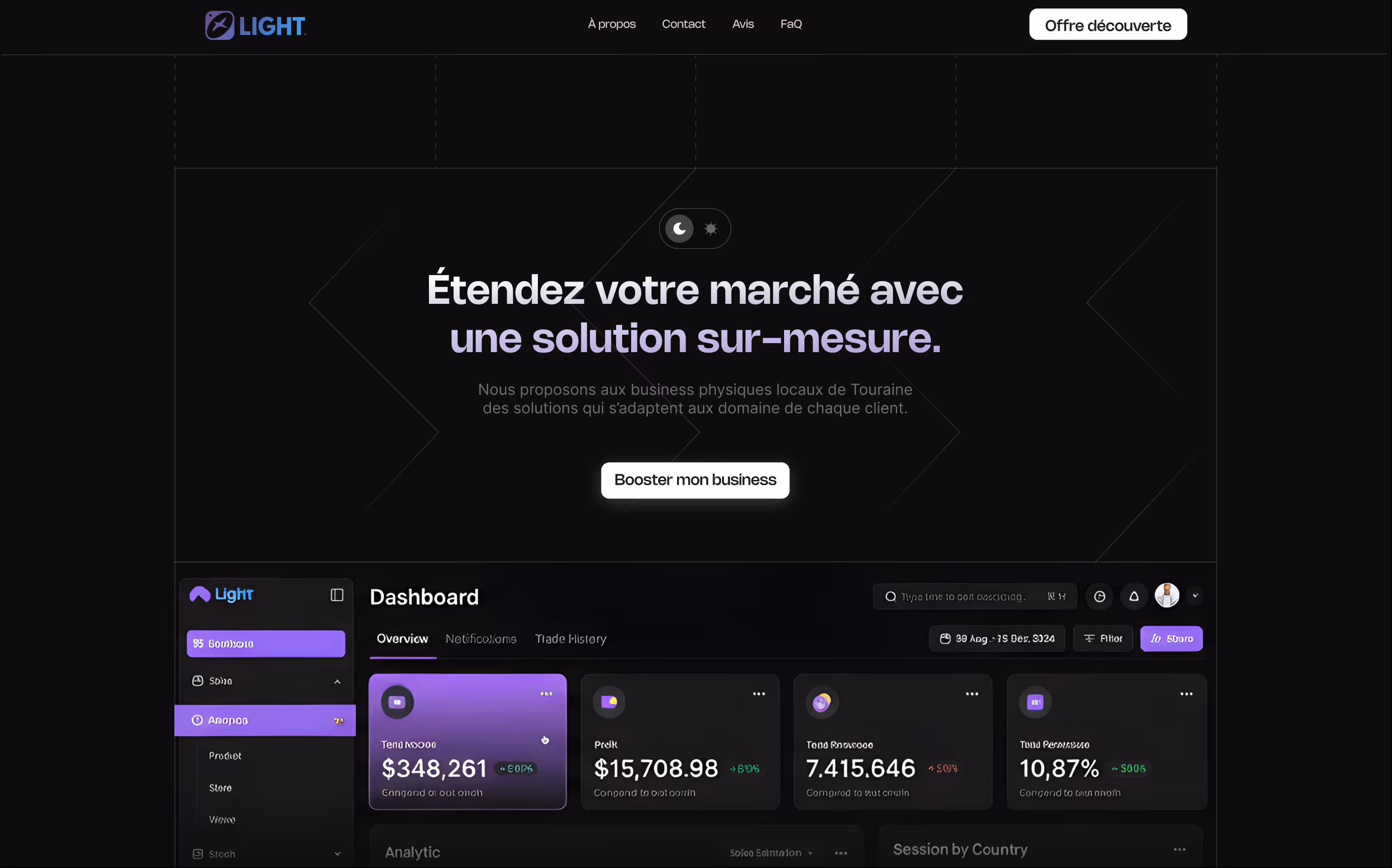 Dark-themed business dashboard interface with French text promoting customized marketing solutions and financial metrics including total income and transactions.