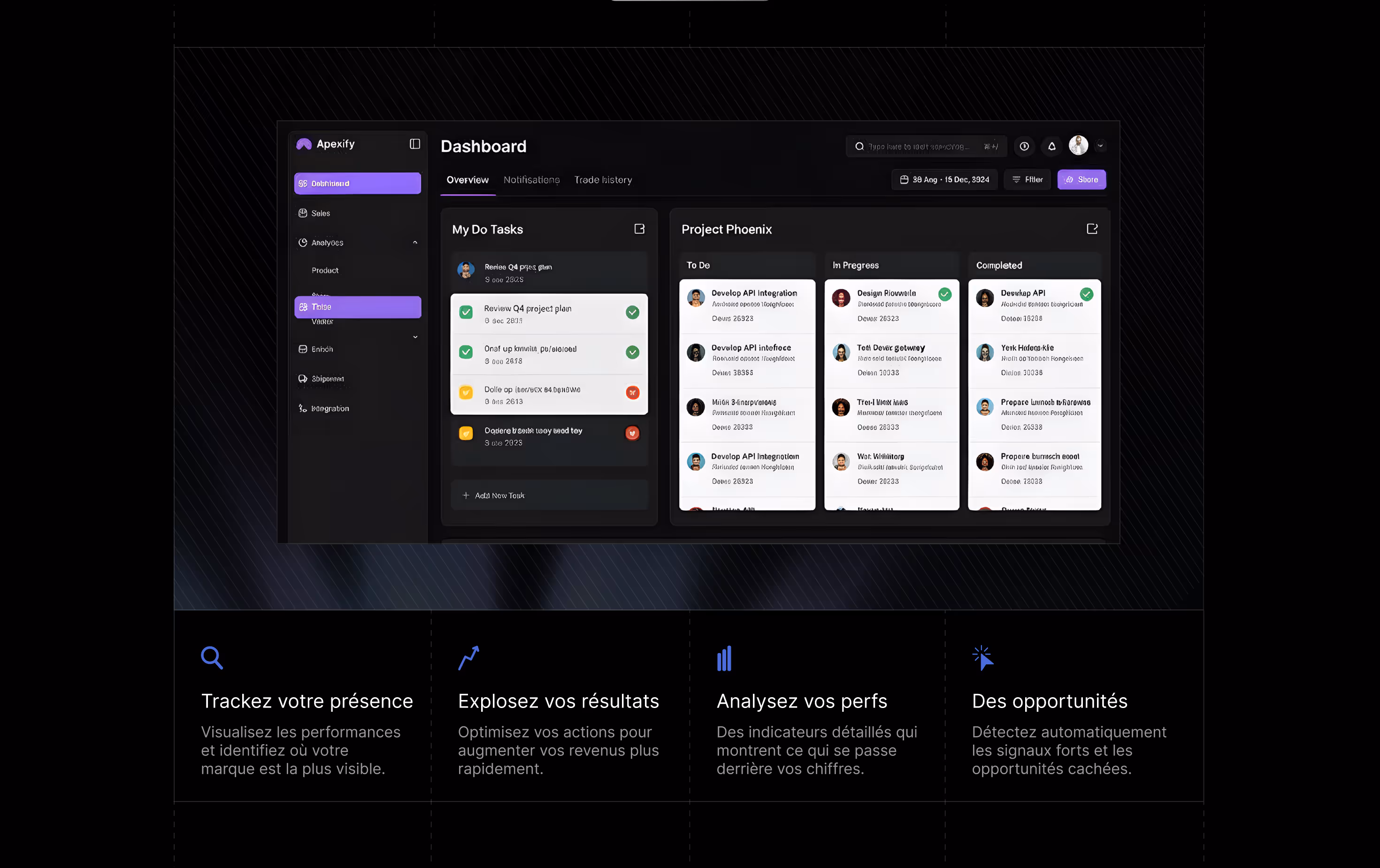 Dashboard interface showing task management and project progress, with sections for To Do, In Progress, and Completed tasks, and a sidebar menu with navigation options.