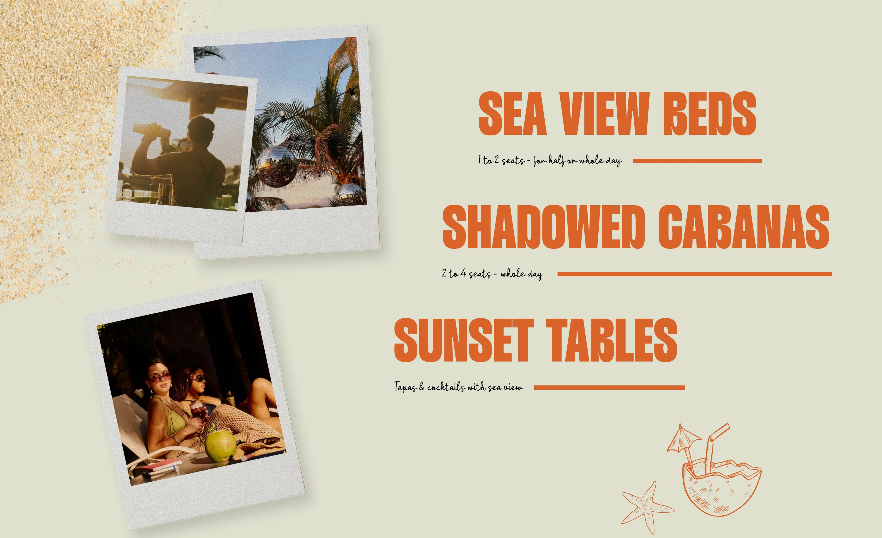 Collage of Polaroid photos with beach scenes and text advertising sea view beds, shadowed cabanas, and sunset tables with tropical icons.