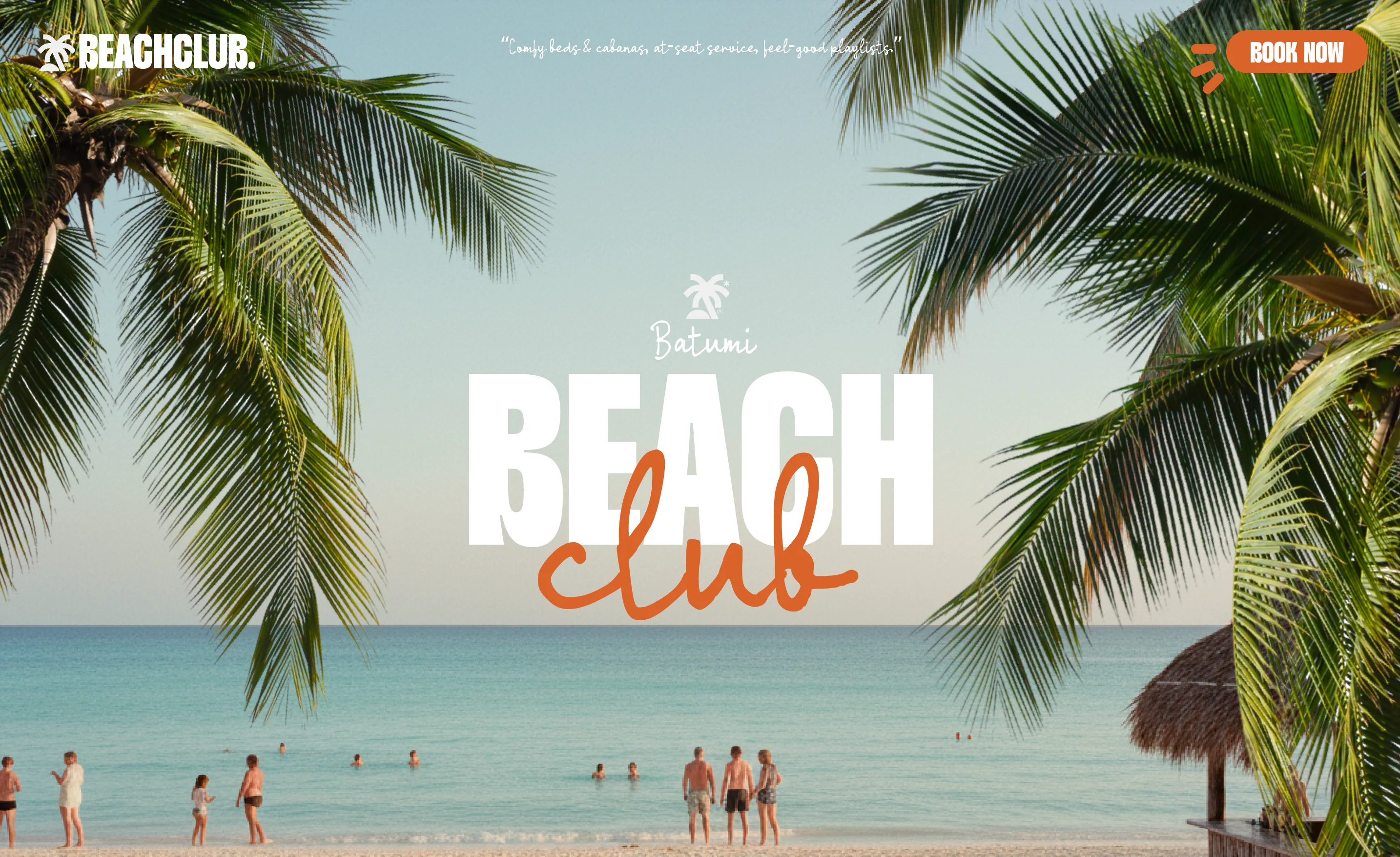 the hero section of a website created for a beachclub,, showing the name of it on the center with palmtrees covering both sides