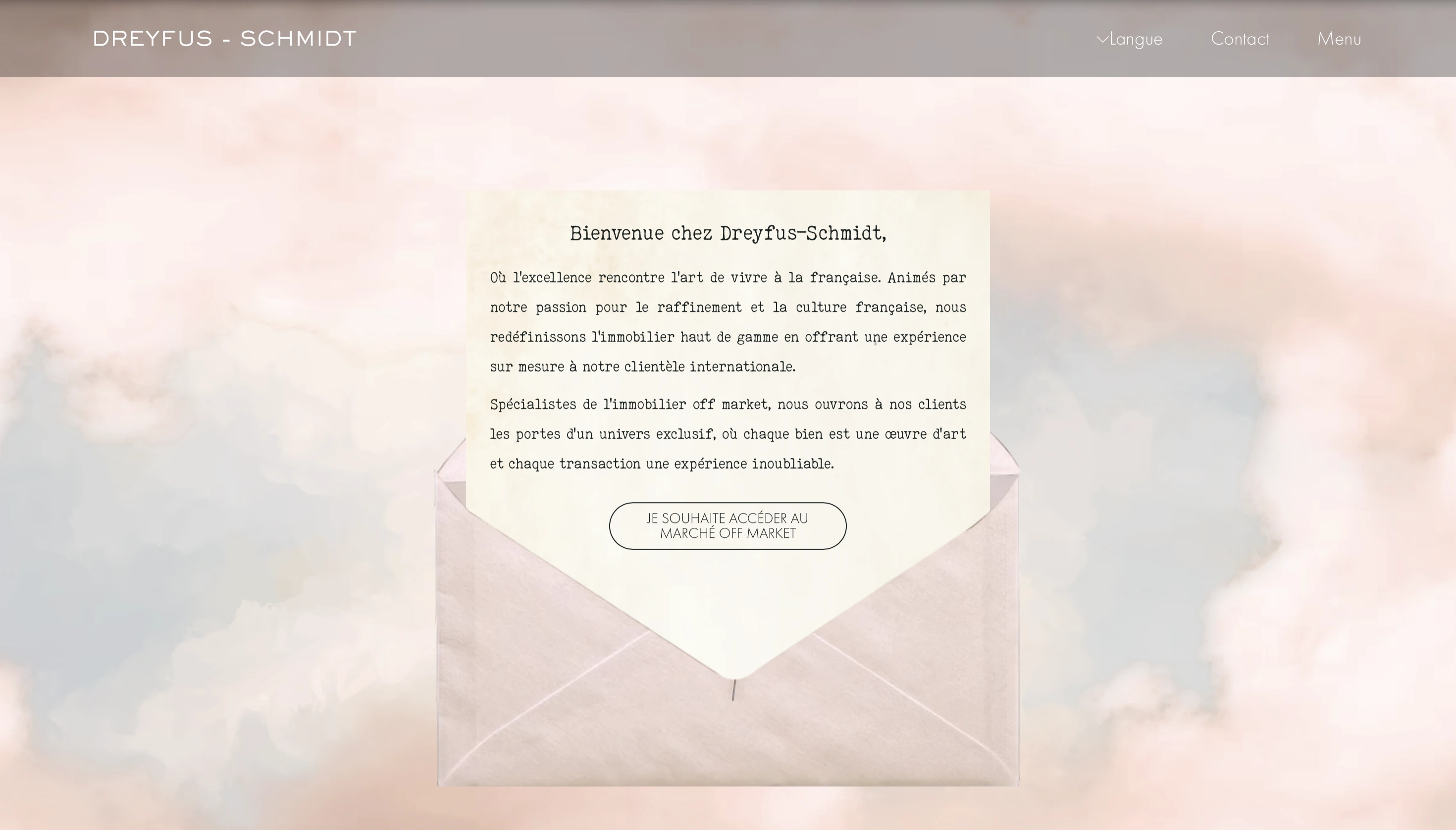 Website homepage with an envelope illustration containing French welcome text for Dreyfus-Schmidt real estate, over a soft pastel sky background.