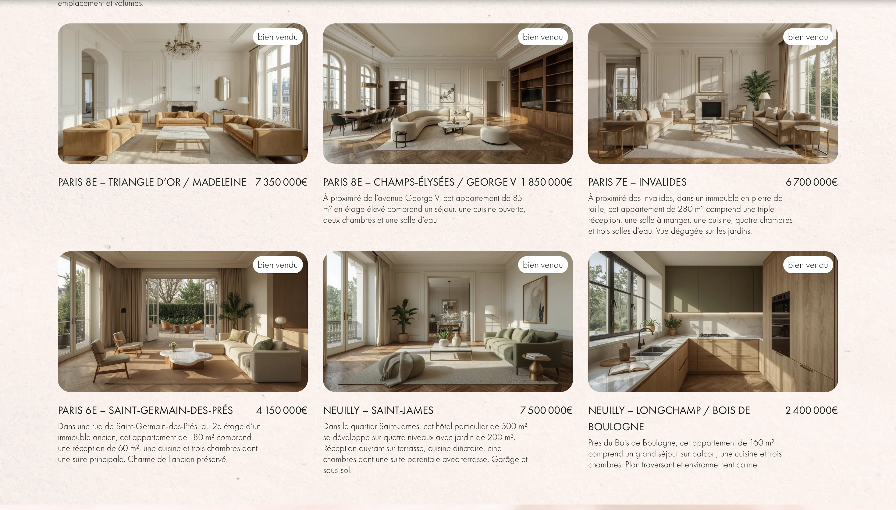 Six elegant Parisian apartment interiors with neutral-toned living rooms and a modern kitchen, all marked as sold with price and location details.