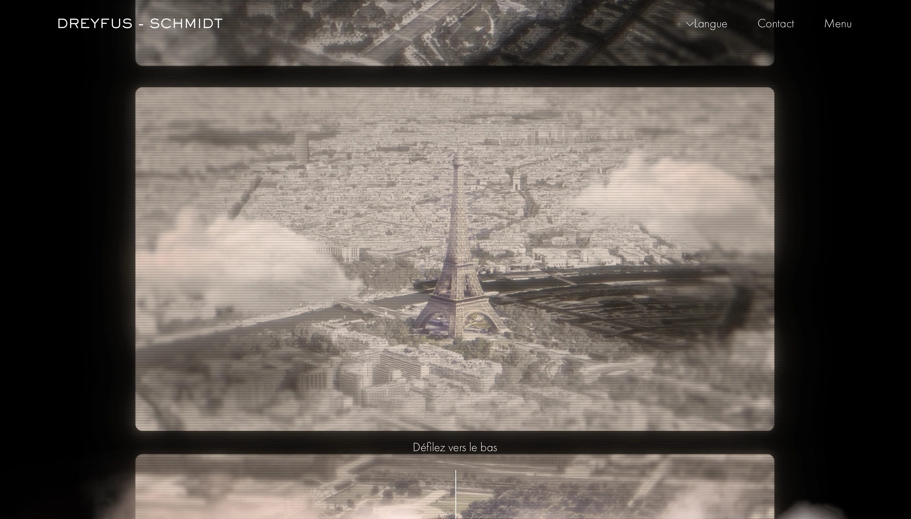 A stylized aerial view of the Eiffel Tower in Paris with surrounding cityscape and clouds, shown on a vintage monitor screen.