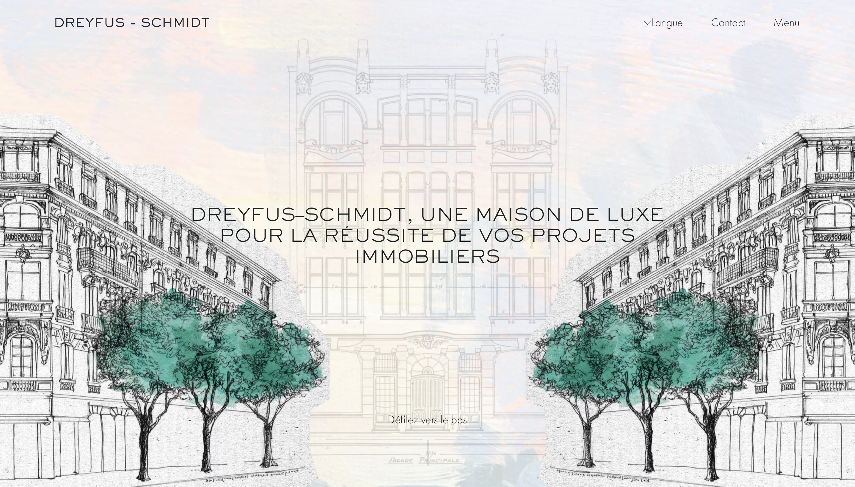 Sketch of symmetrical classical buildings with green trees in front and central architectural drawing faintly in background, with French text about luxury real estate projects.