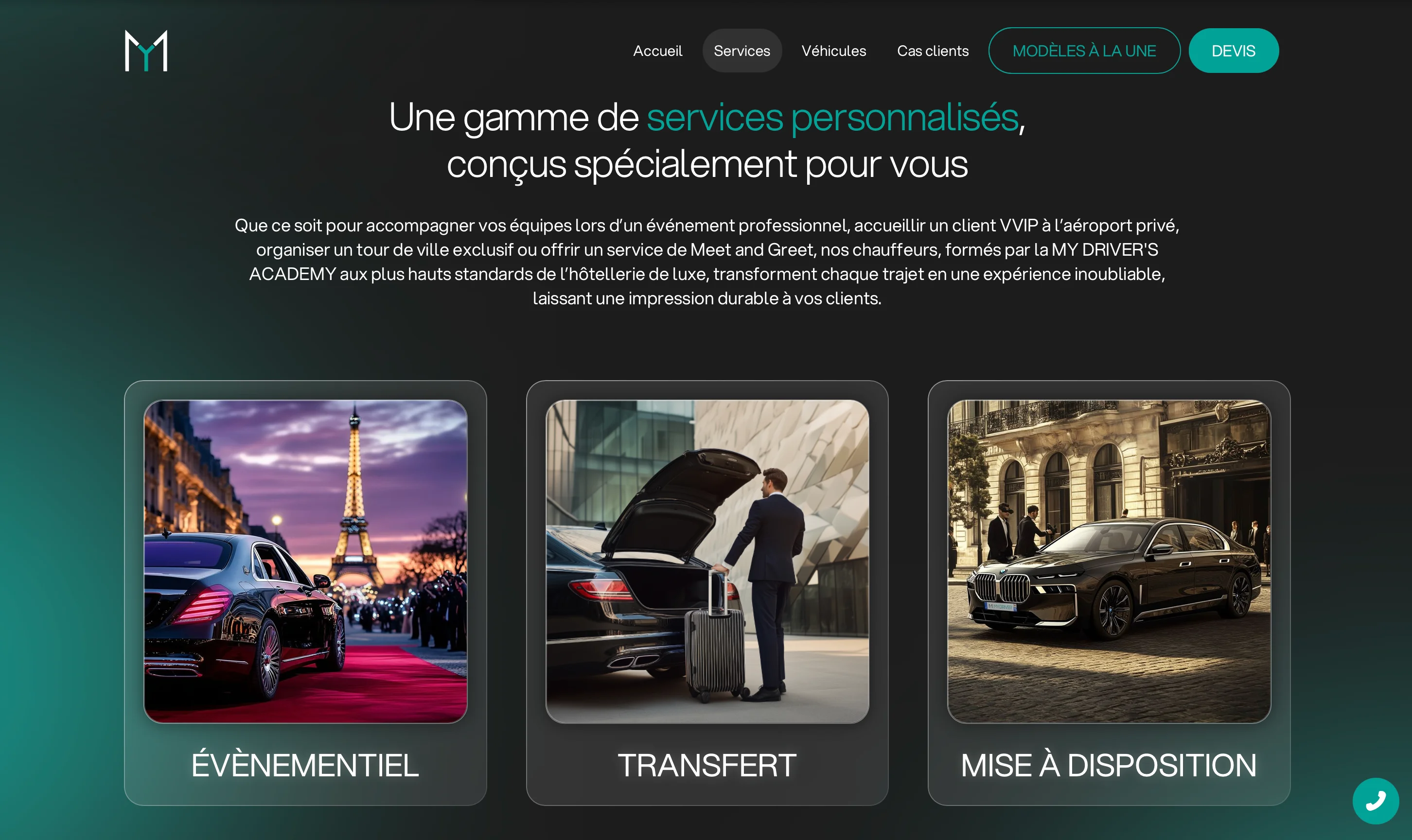 Luxury black cars representing personalized services: event transportation with Eiffel Tower in background, professional chauffeur with luggage, and car availability service in a city setting.
