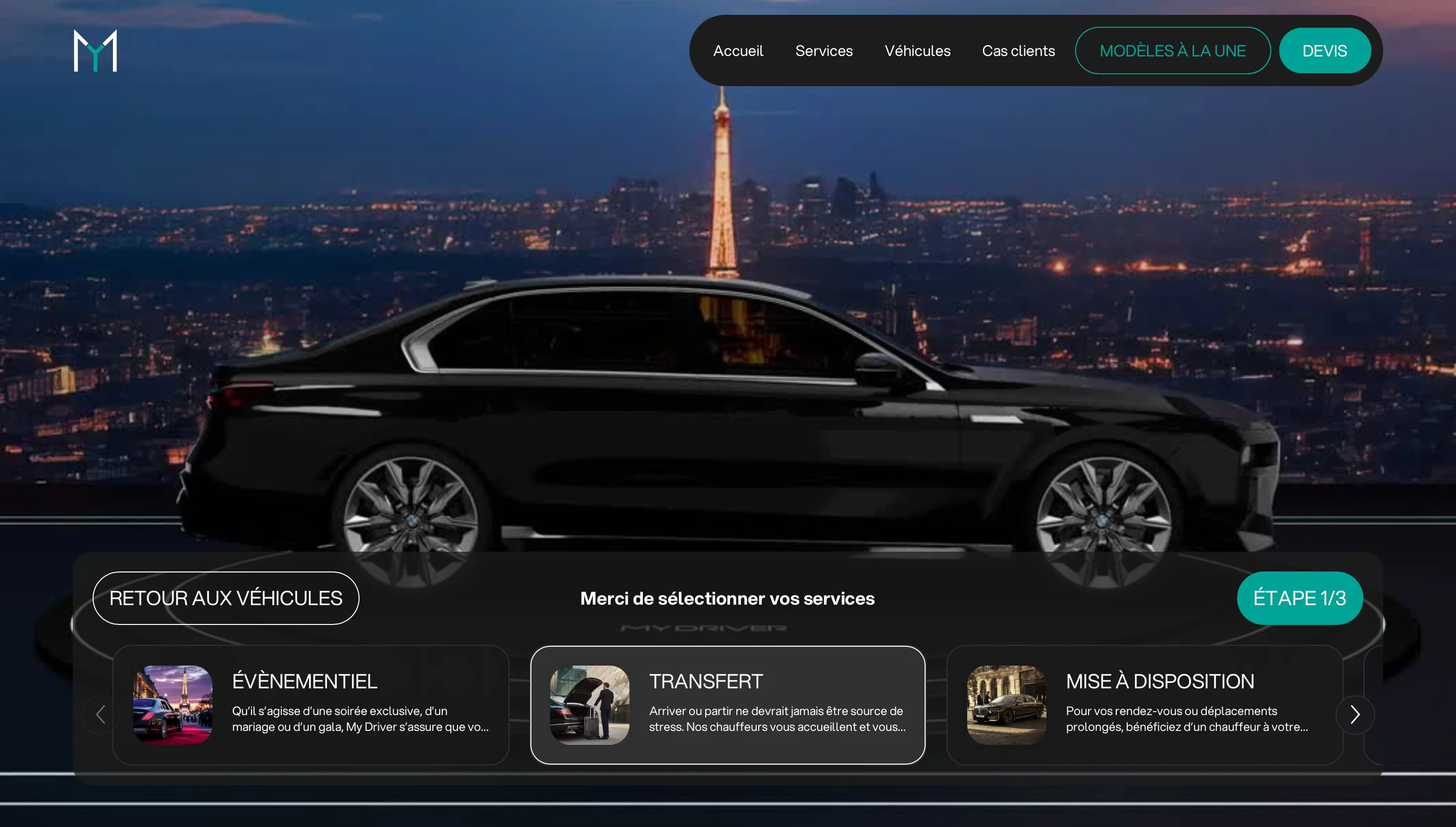 Black luxury sedan against a nighttime Paris skyline with illuminated Eiffel Tower and service selection options on screen.
