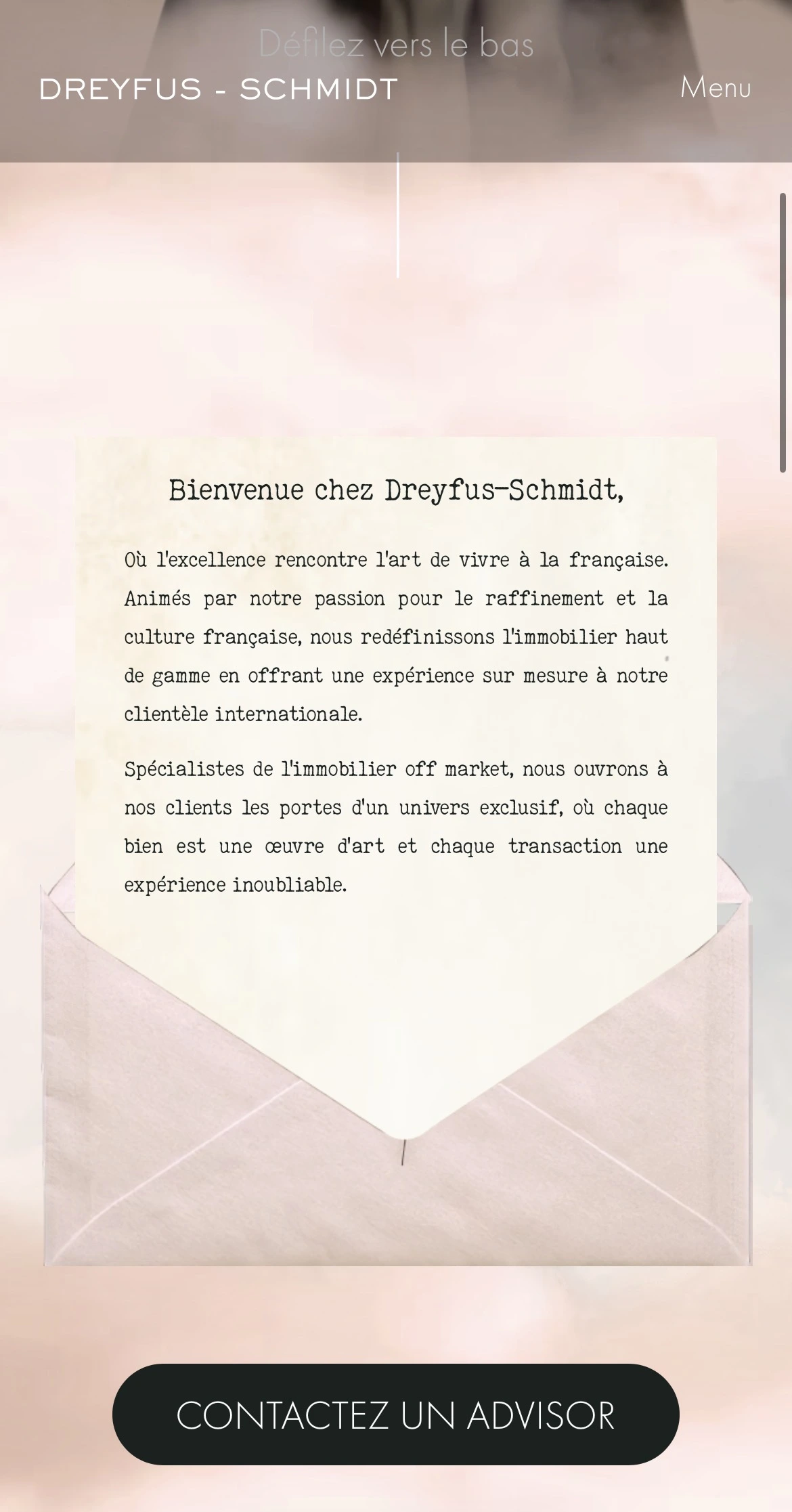 Welcome note from Dreyfus-Schmidt about their passion for French culture and high-end real estate, with an envelope graphic and a 'Contactez un Advisor' button below.