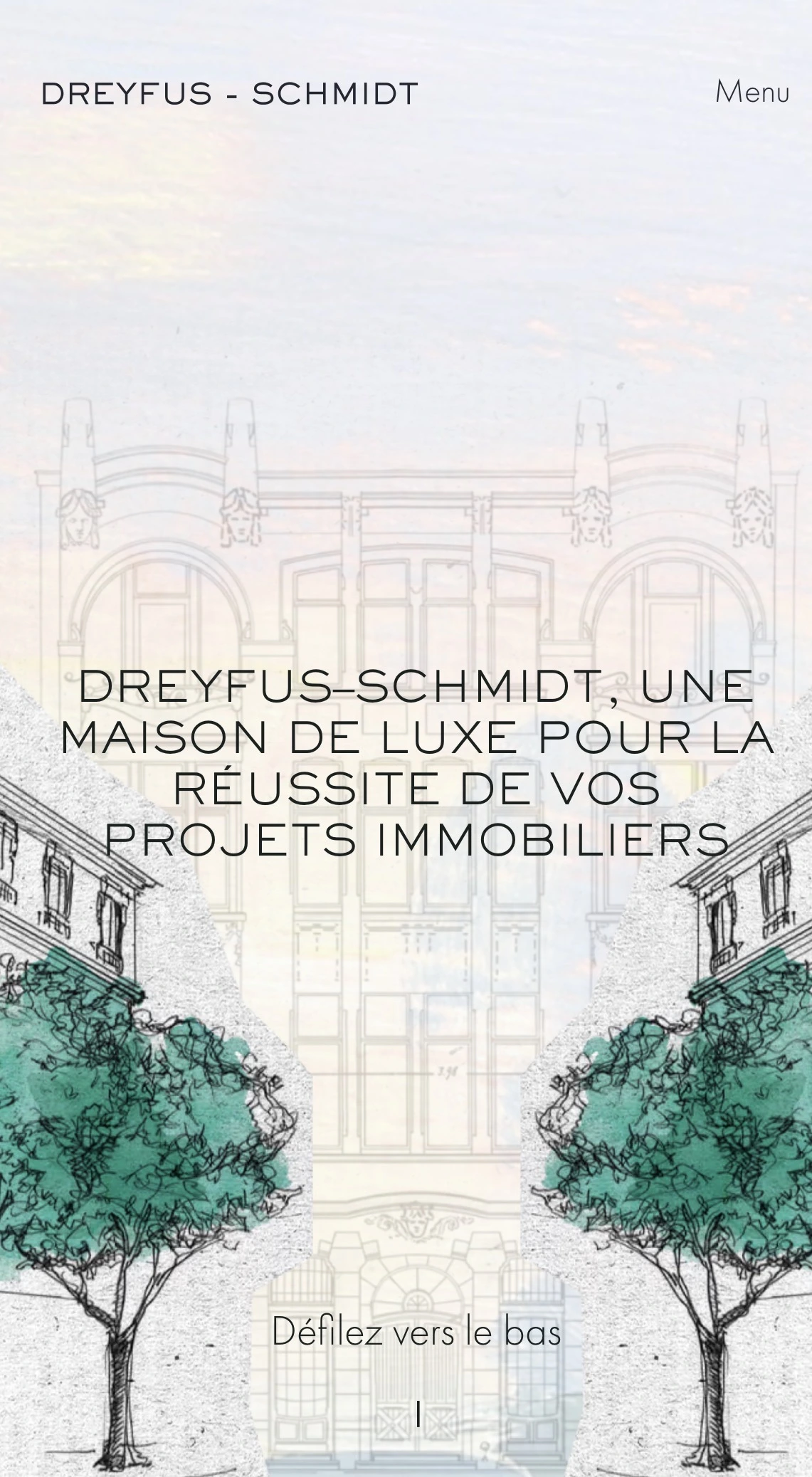 Website header with architectural drawing and trees, featuring text about Dreyfus-Schmidt luxury real estate projects in French.