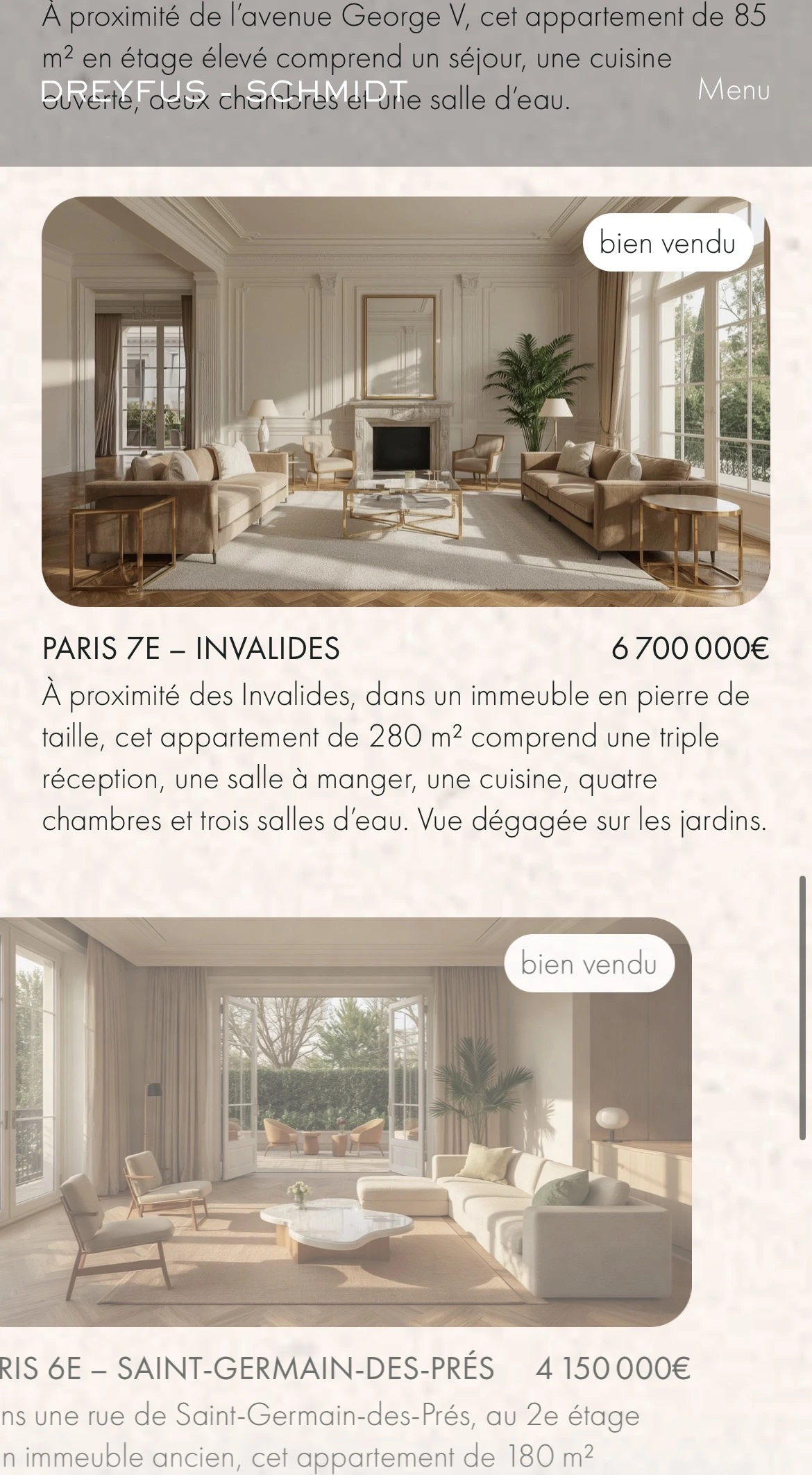 Two stylish Parisian apartments marked 'bien vendu,' featuring elegant, spacious living rooms with large windows and modern furniture.