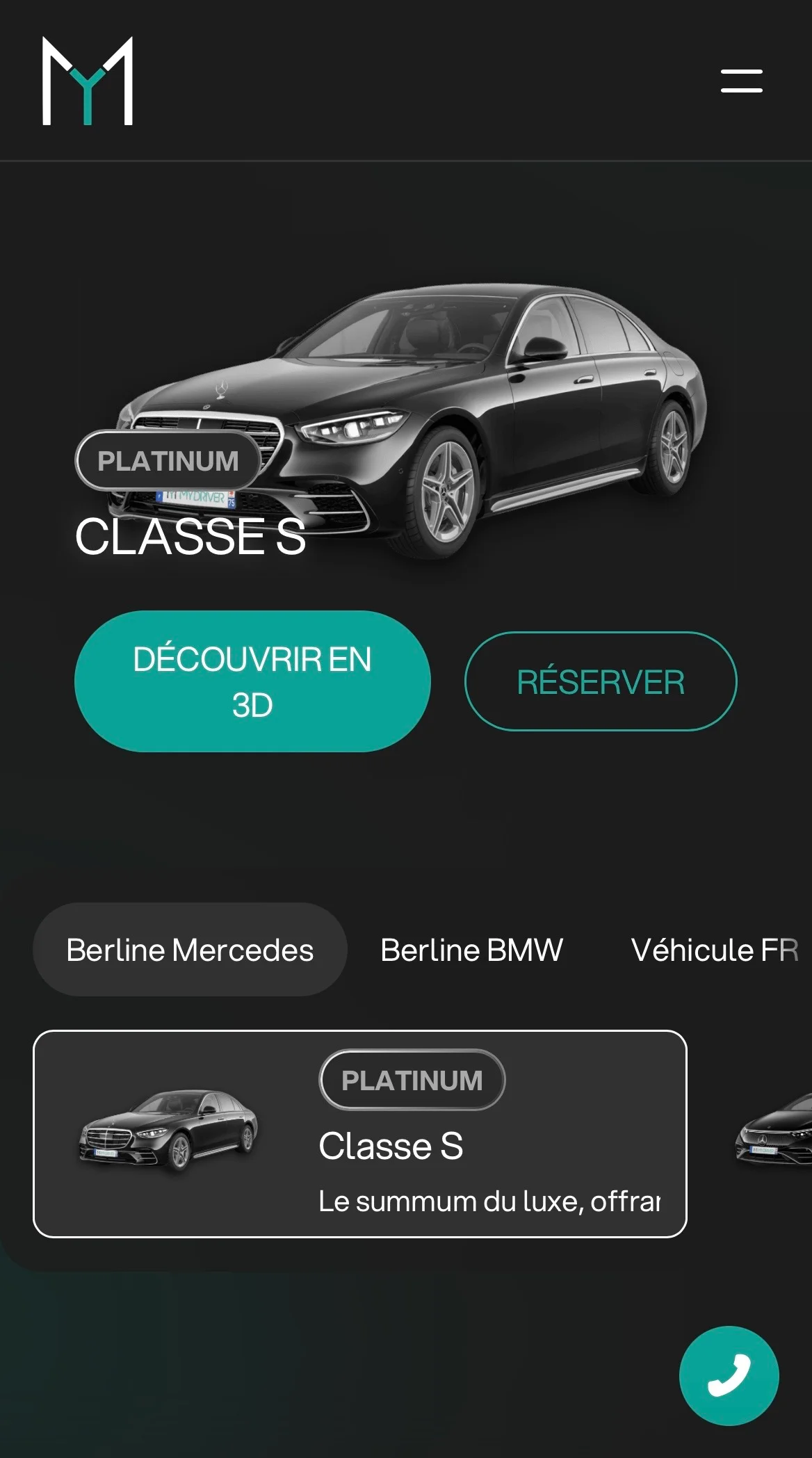 Black Mercedes-Benz Classe S luxury sedan with options to discover in 3D or reserve, labeled Platinum.
