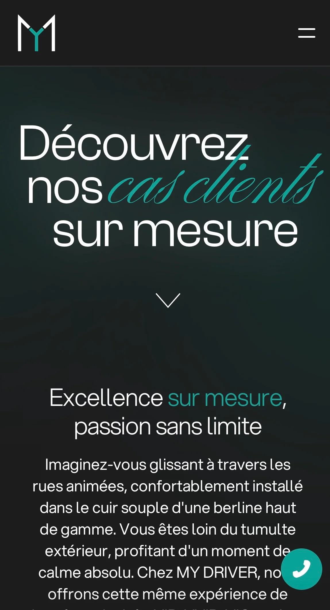 French text on a dark background promoting custom client cases with excellence and passion, featuring a logo and menu icon at the top.