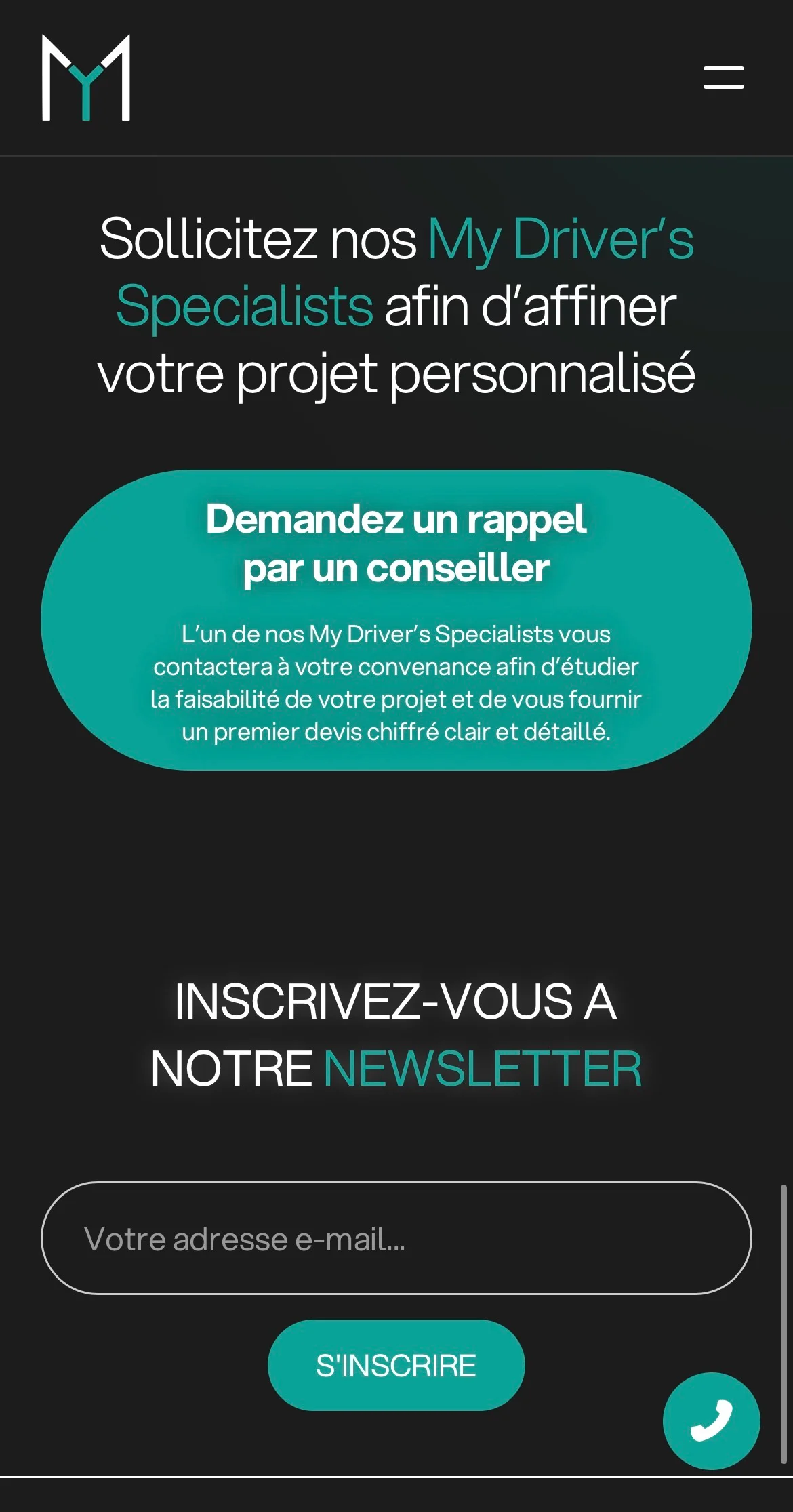 French webpage encouraging users to contact My Driver's Specialists for personalized project advice with a call-back request button and email newsletter sign-up.