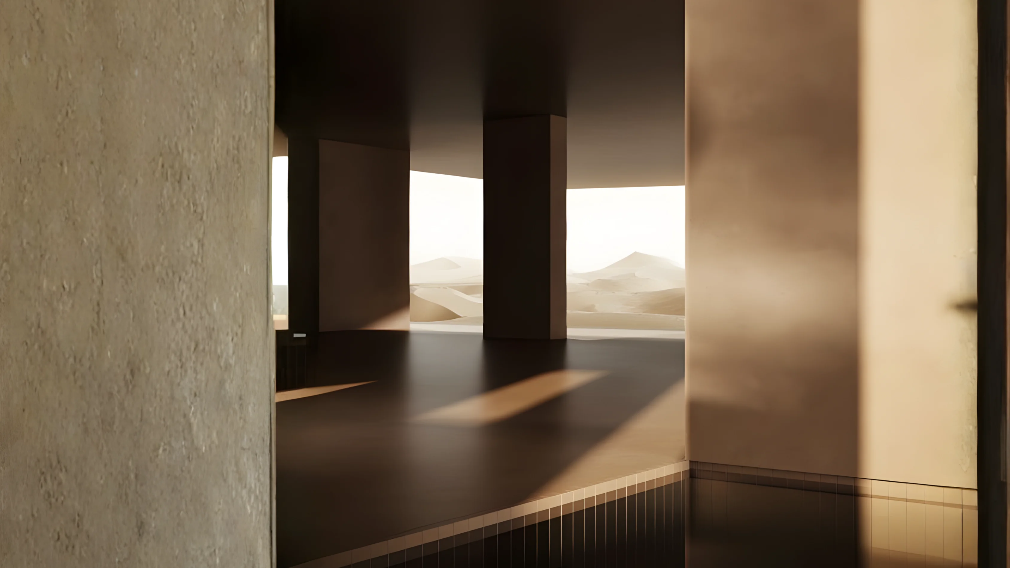 Interior of a modern building with tall columns casting long shadows and a view of a desert landscape through the openings.