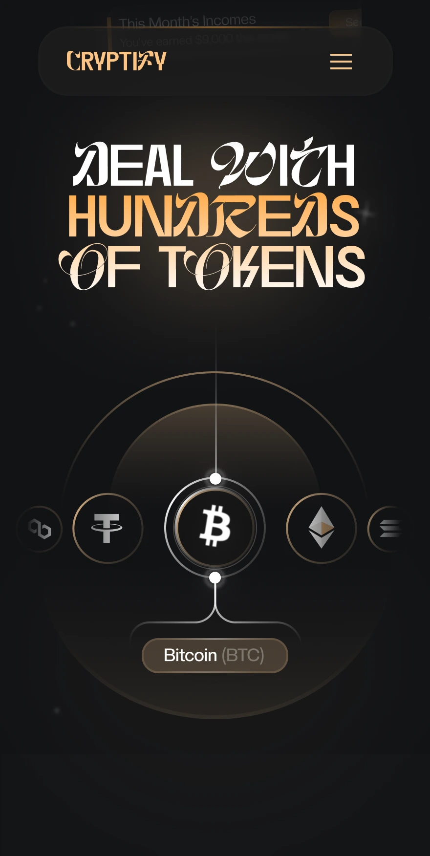 Cryptify app interface showing the phrase 'Deal with hundreds of tokens' with a selection of cryptocurrency icons including Bitcoin highlighted.