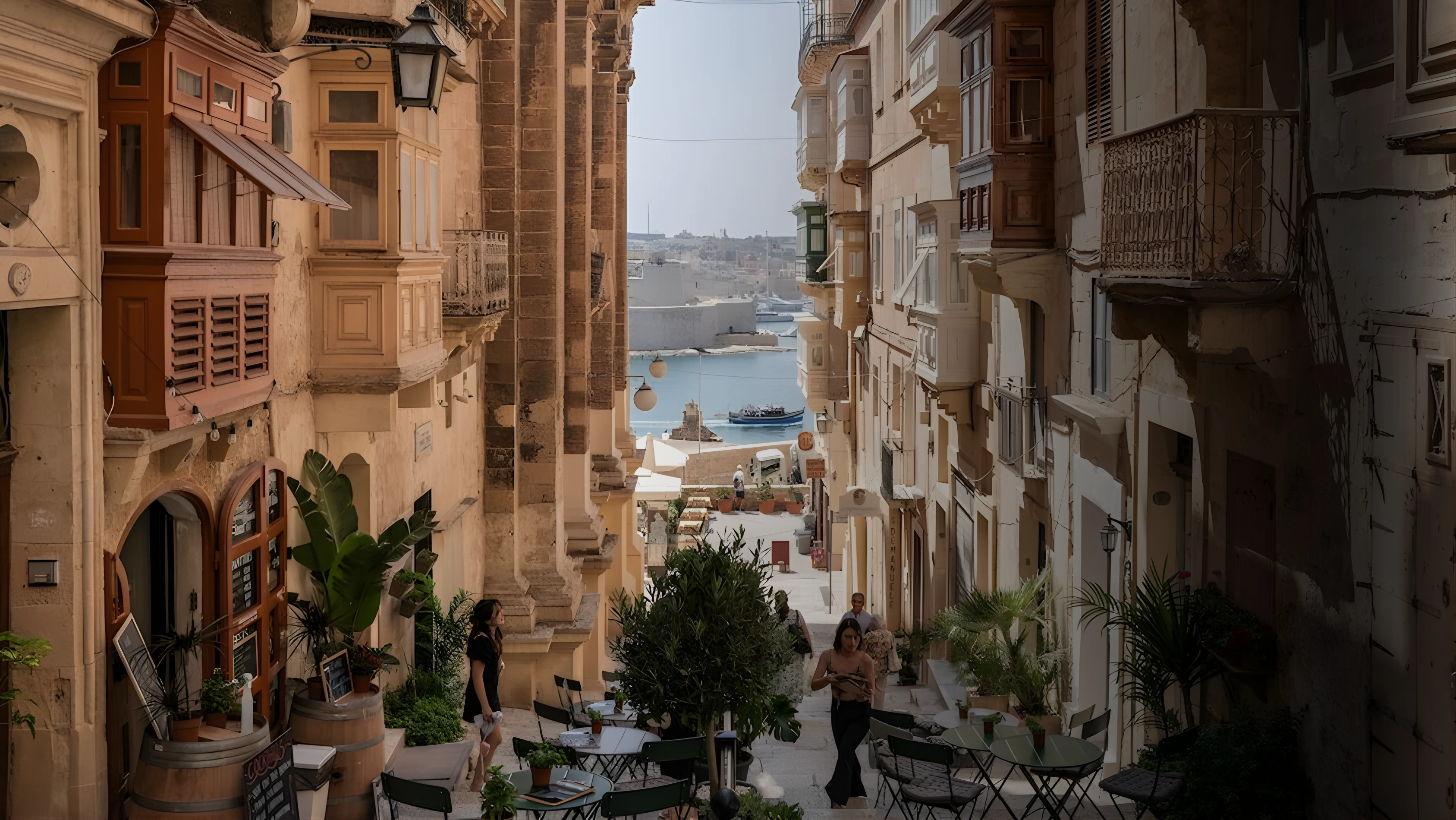 Narrow pedestrian street in Malta with outdoor café tables, potted plants, and a view of boats on the water in the distance.