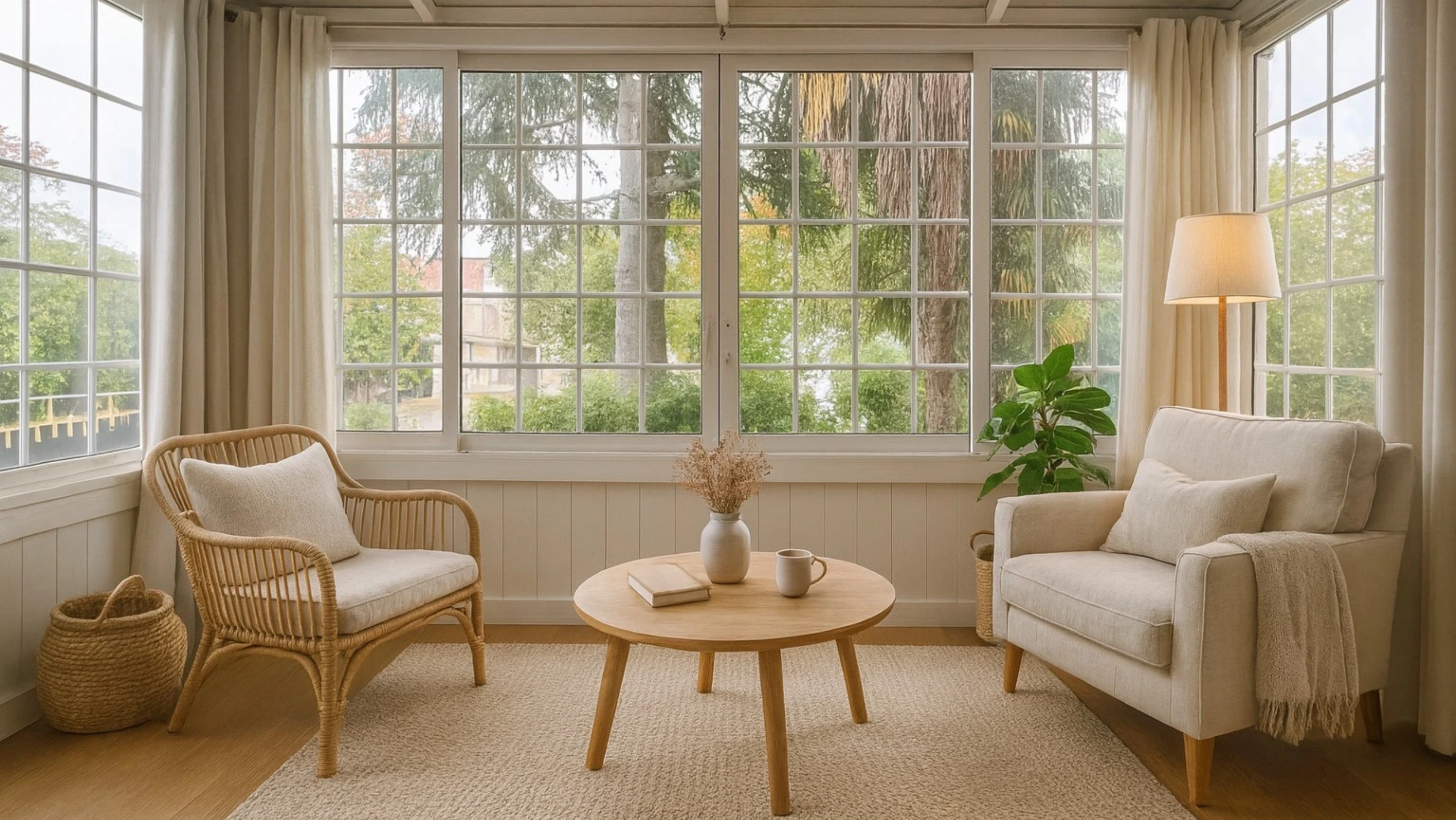 Cozy living room with large windows, a rattan loveseat, beige armchair, round wooden coffee table, and a floor lamp.