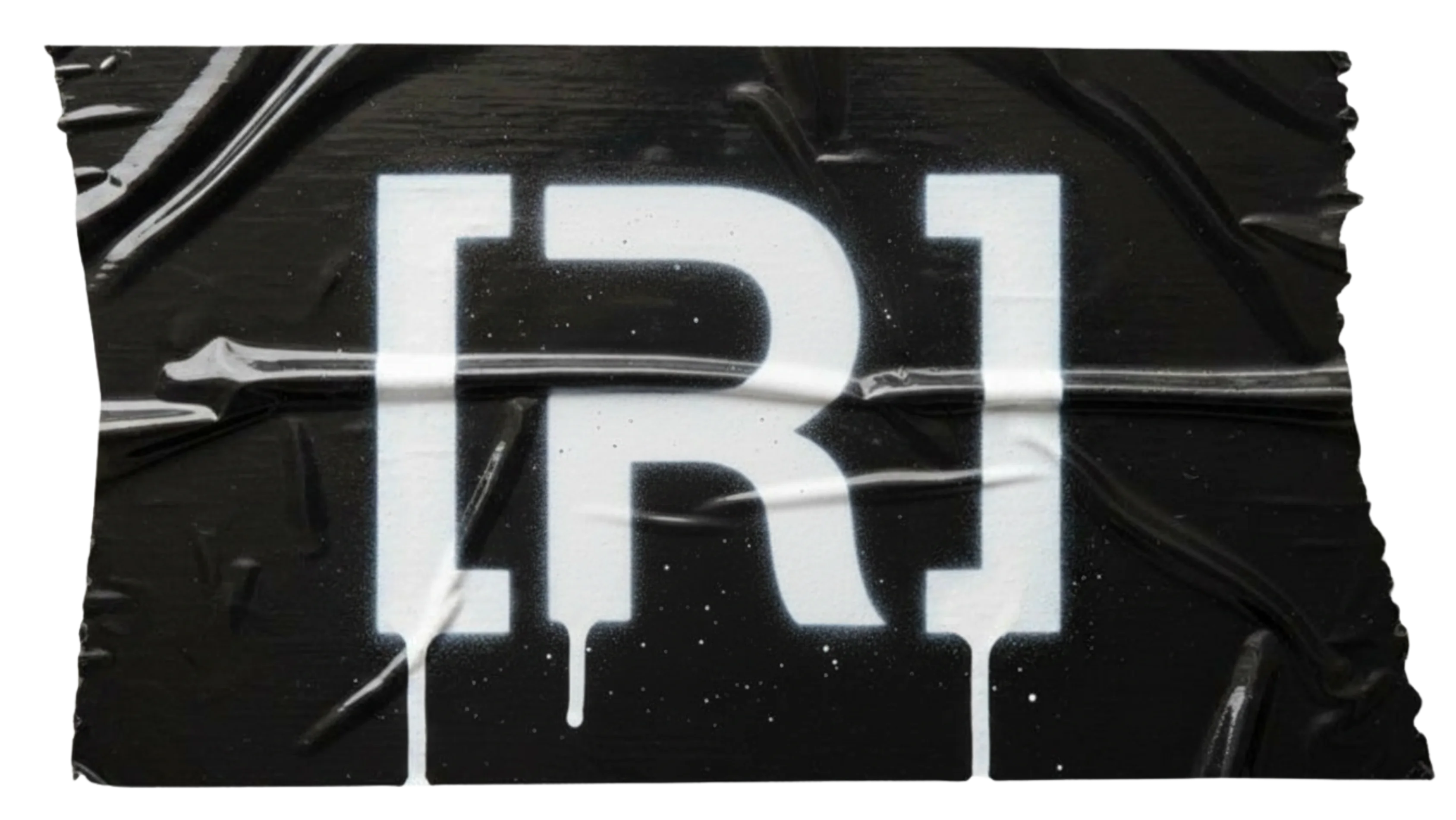 White stencil-style letter R enclosed in square brackets on a black wrinkled textured background.