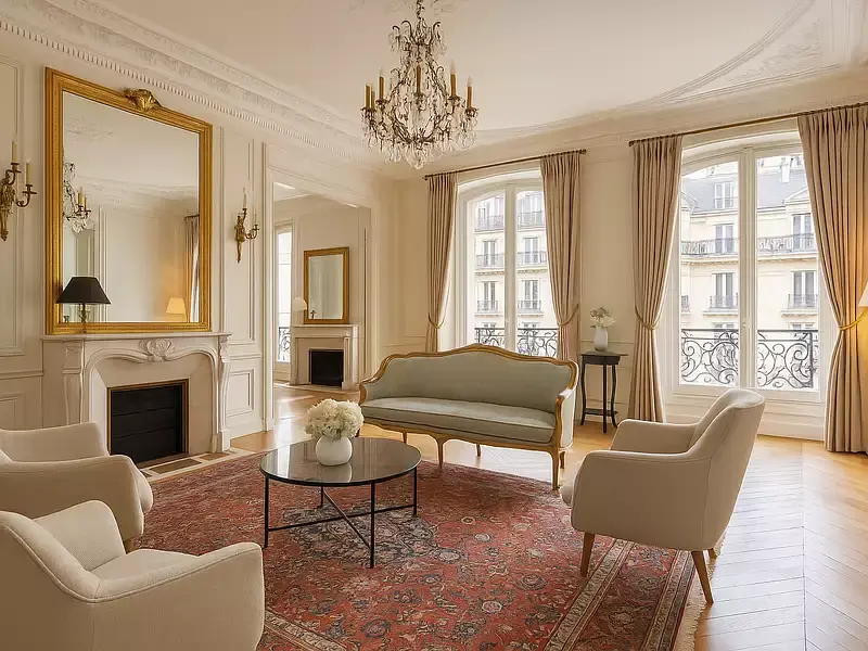 Elegant living room with cream armchairs, a vintage sofa, round coffee table with flowers, large mirror above fireplace, and chandelier.